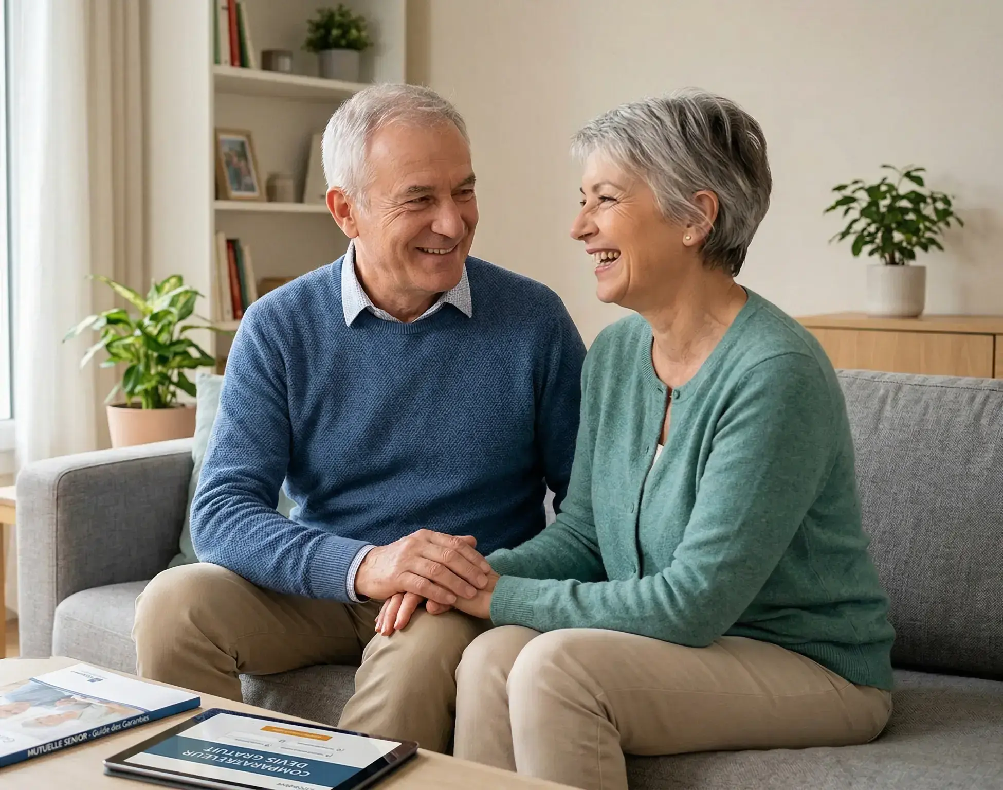 Couple de seniors souriants assis sur un canapé dans un salon lumineux, main dans la main, entouré de plantes et de magazines, évoquant une discussion sur la mutuelle senior et les assurances santé.