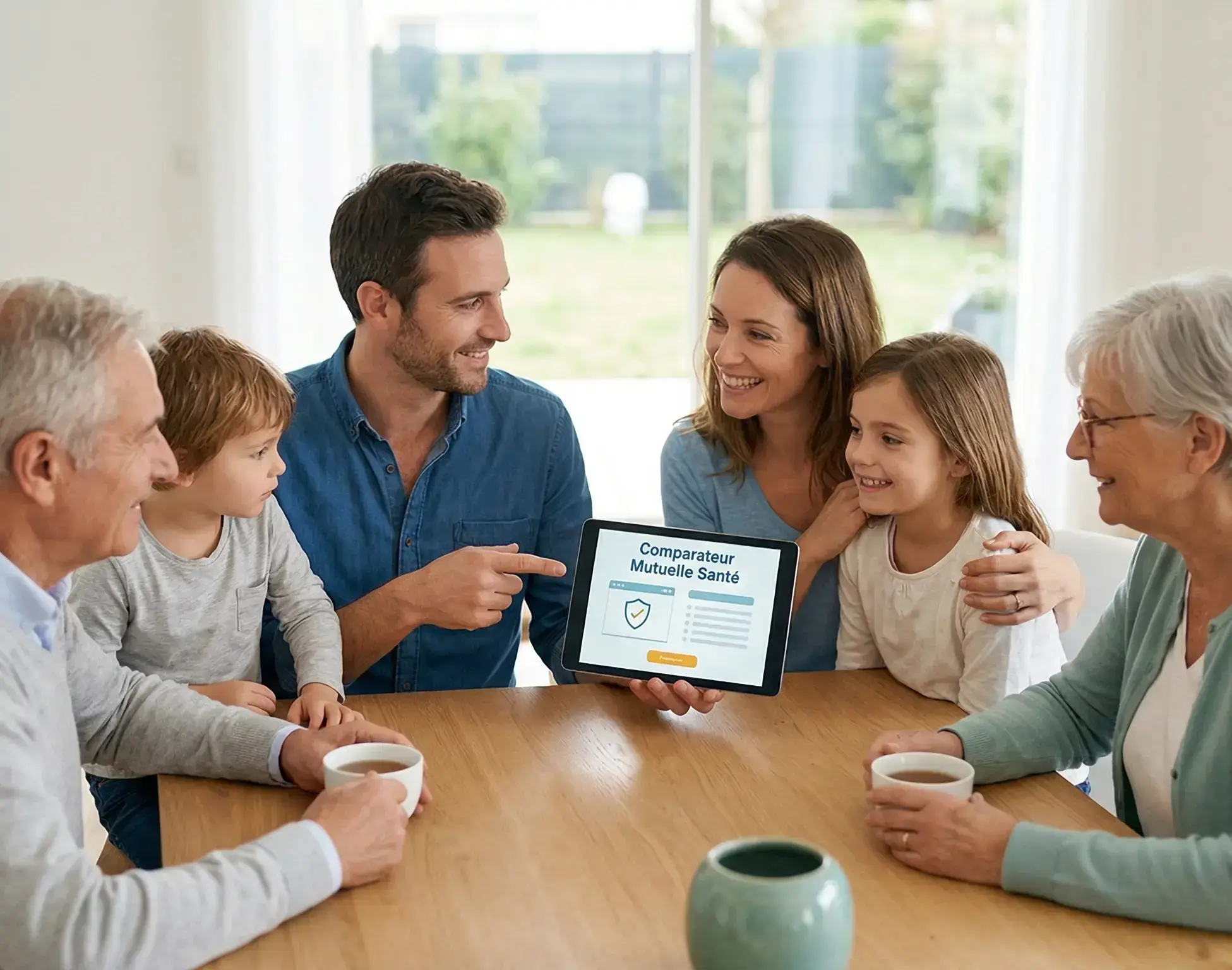 Famille multigénérationnelle réunie autour d'une table, souriante et attentive, qui consulte un comparateur mutuelle santé sur une tablette.