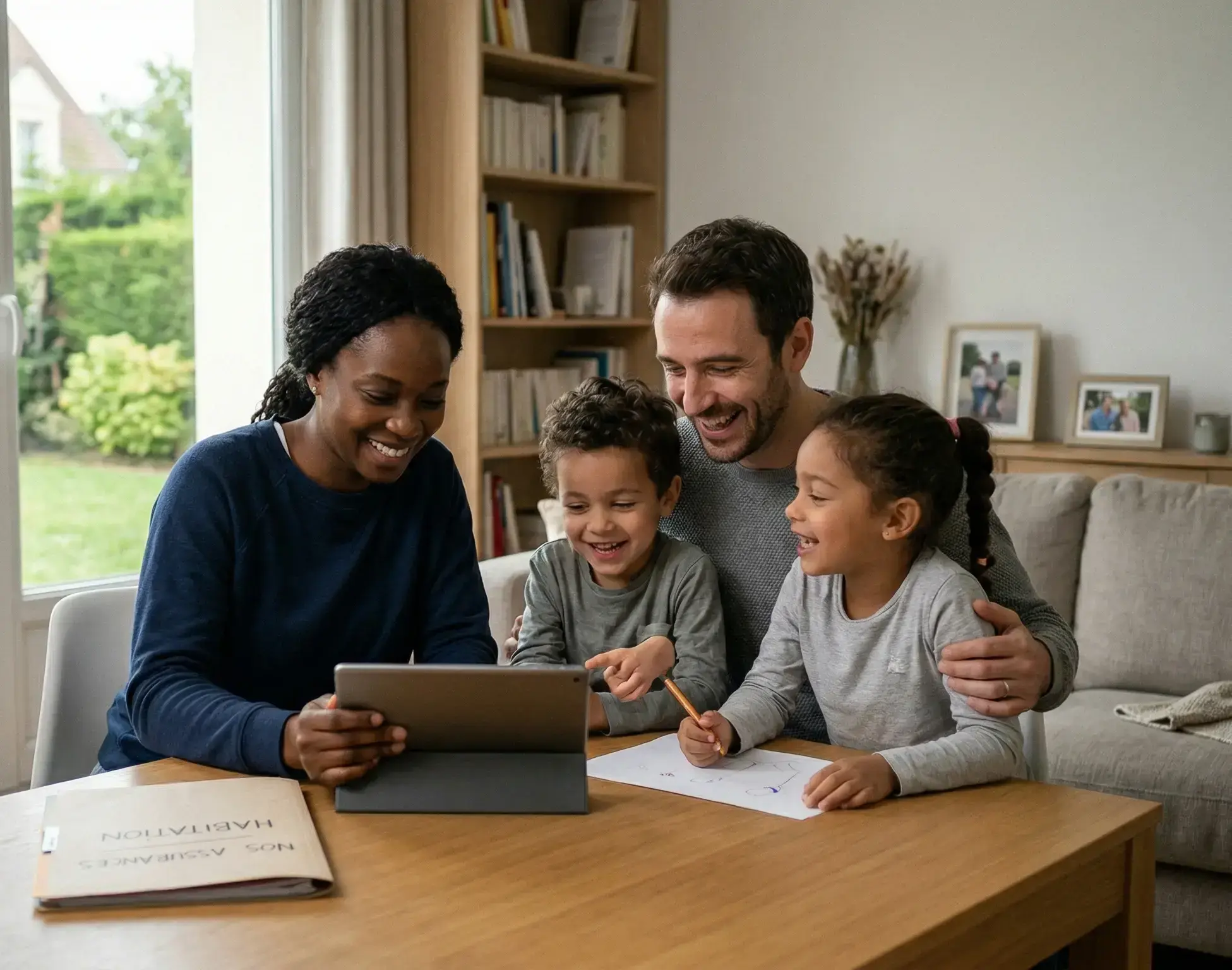 Famille souriante réunie autour d'une table dans un salon lumineux, utilisant une tablette et dessinant ensemble, ambiance chaleureuse propice à l'assurance habitation.