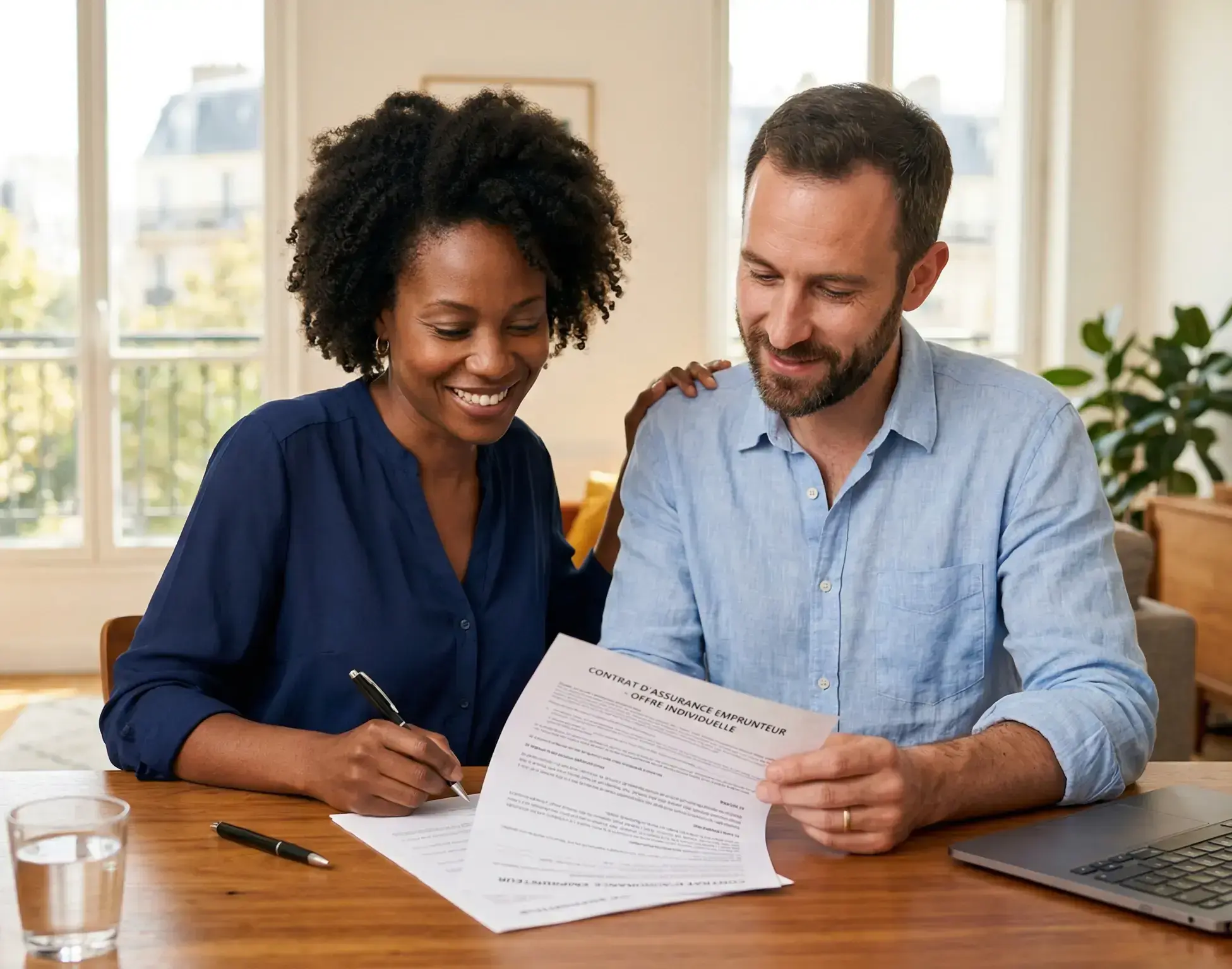 Deux adultes souriants signant un contrat d'assurance emprunteur sur une table en bois, avec un ordinateur portable et un verre d'eau dans un séjour lumineux.