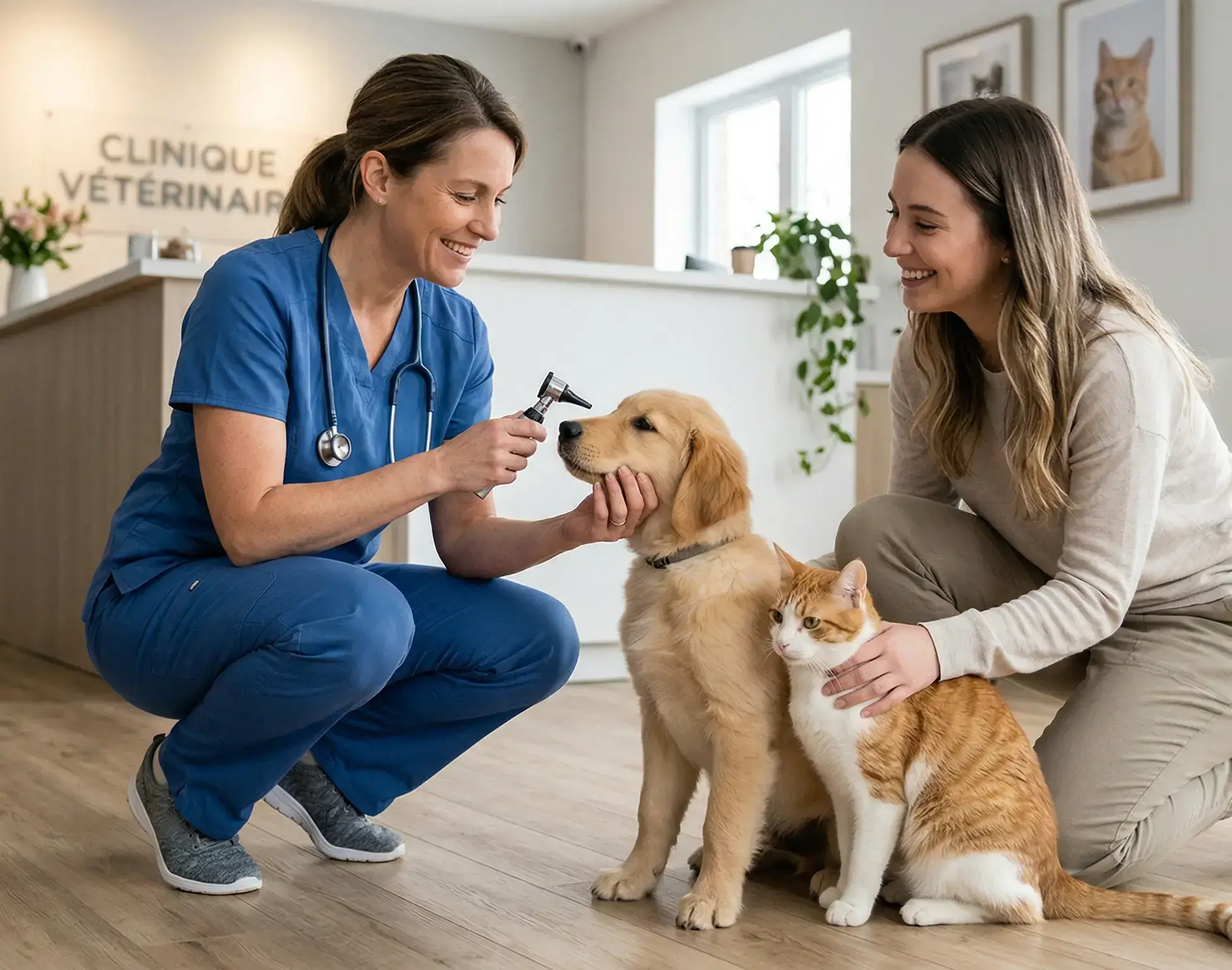 Vétérinaire en tenue bleue avec stéthoscope examine l'oreille d'un chien Golden Retriever pendant qu'une femme caresse un chat orange et blanc dans une clinique vétérinaire lumineuse, évoquant les soins et la mutuelle animaux.