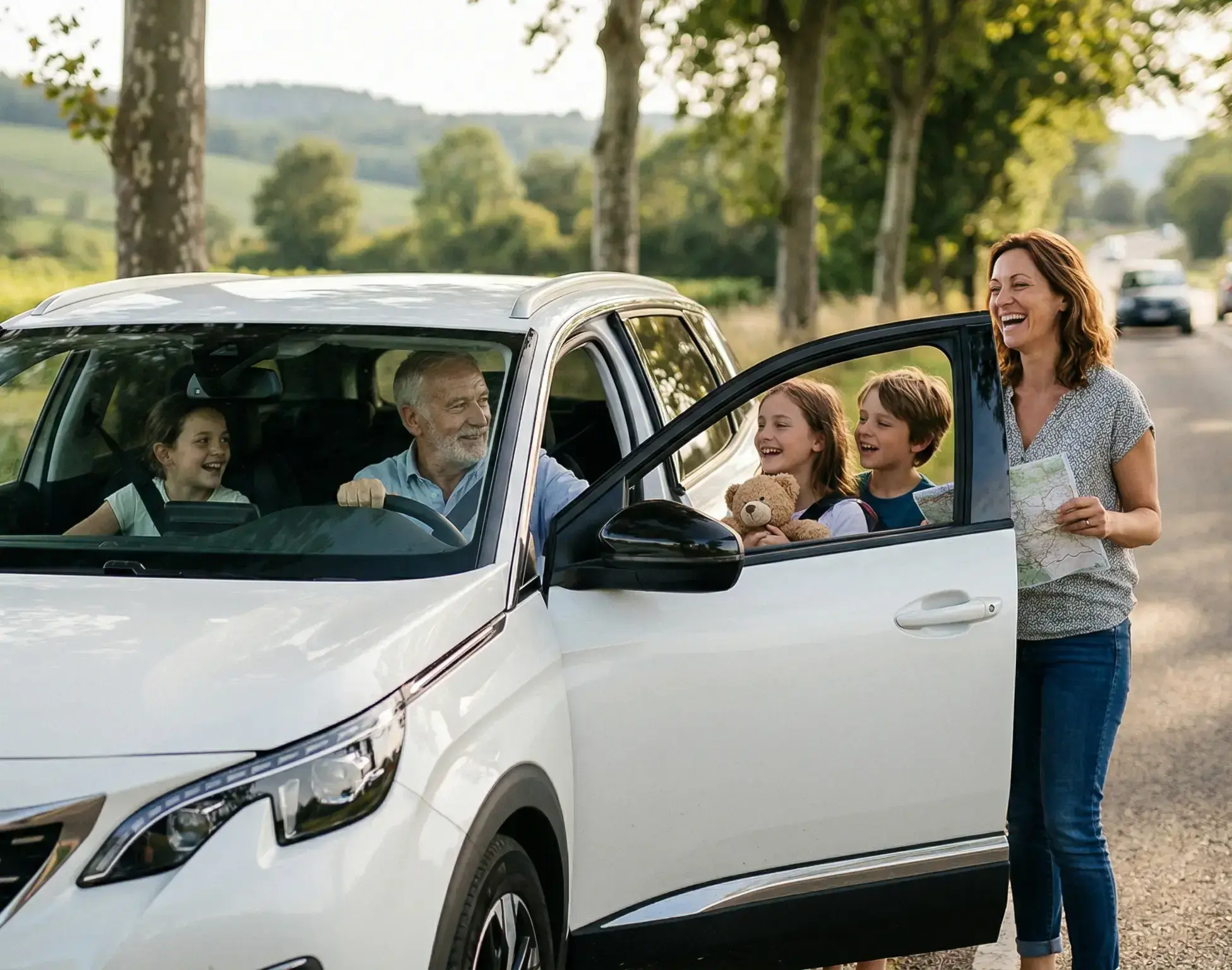 Famille en voyage dans une voiture blanche sur une route de campagne; la mère tient une carte, les enfants rient avec leur ours en peluche, image évoquant sécurité et assurance automobile.